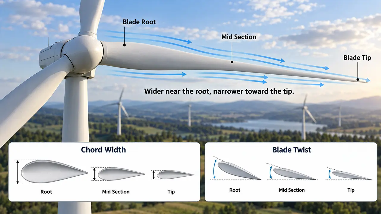 Wind turbine blade root, chord, twist and narrow blade tip