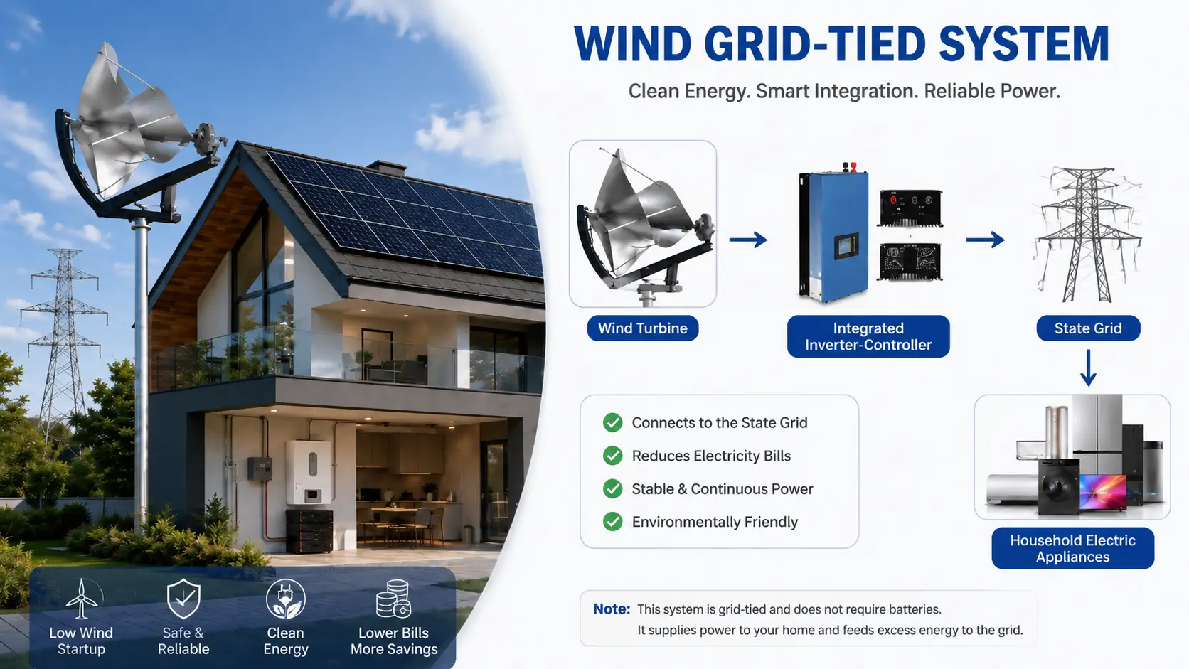 Grid-tied wind power system connected to a home and the public utility grid