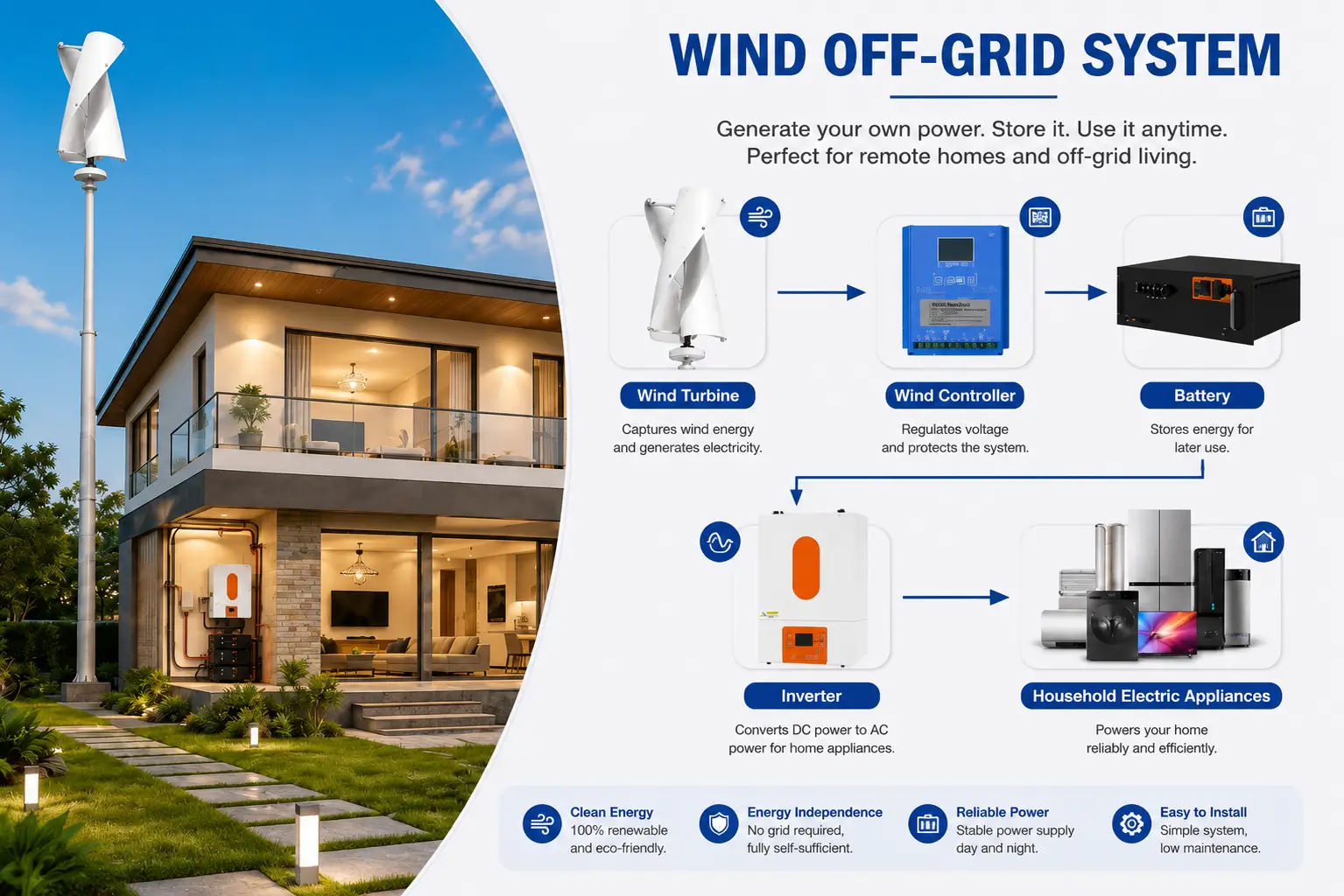 Off-grid wind power system with wind turbine, controller, batteries and inverter