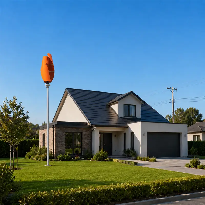Vertical-axis wind turbine installed beside a residential home
